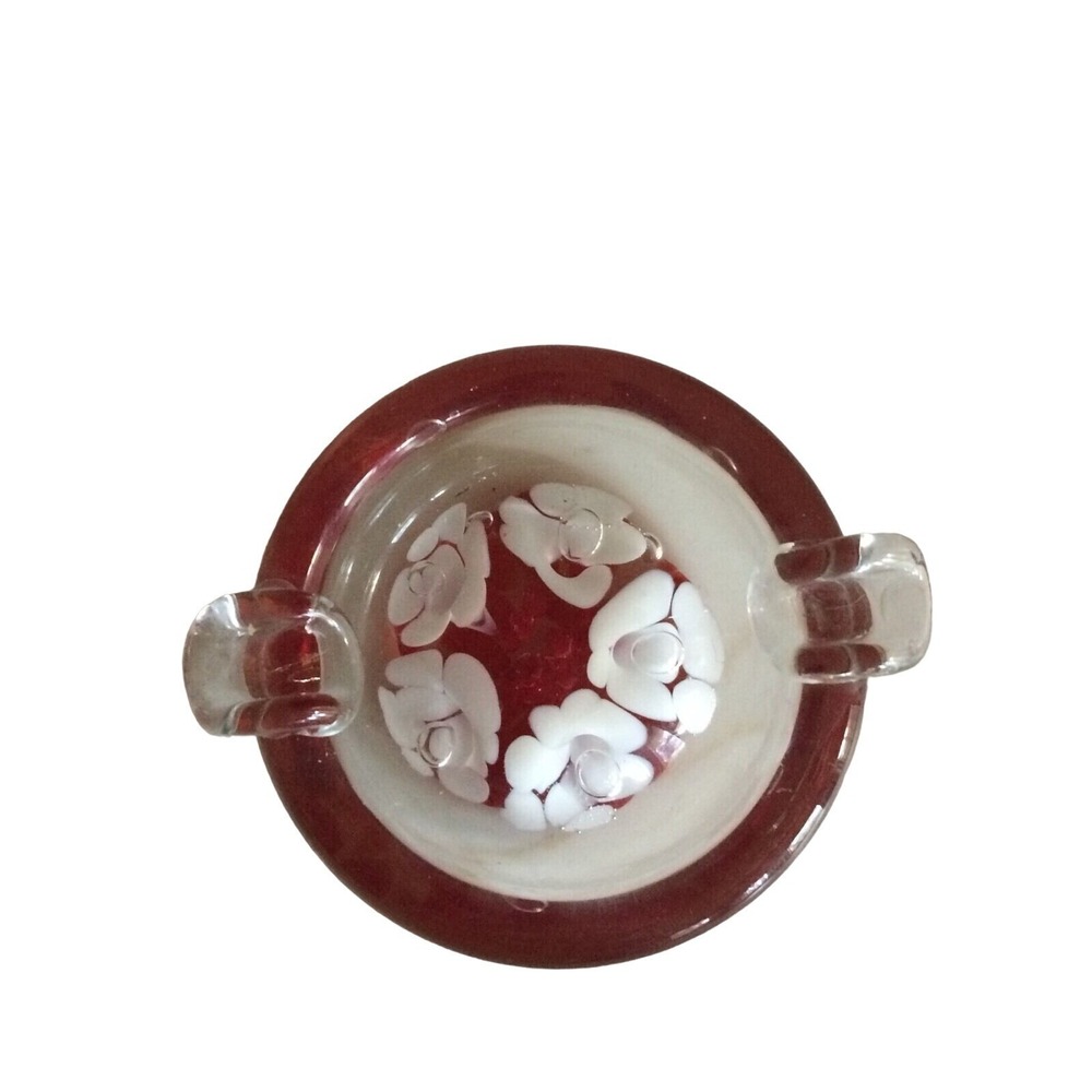Vintage Murano Style Glass Ashtray With Red & White Floral Design 2-Handle Bowl